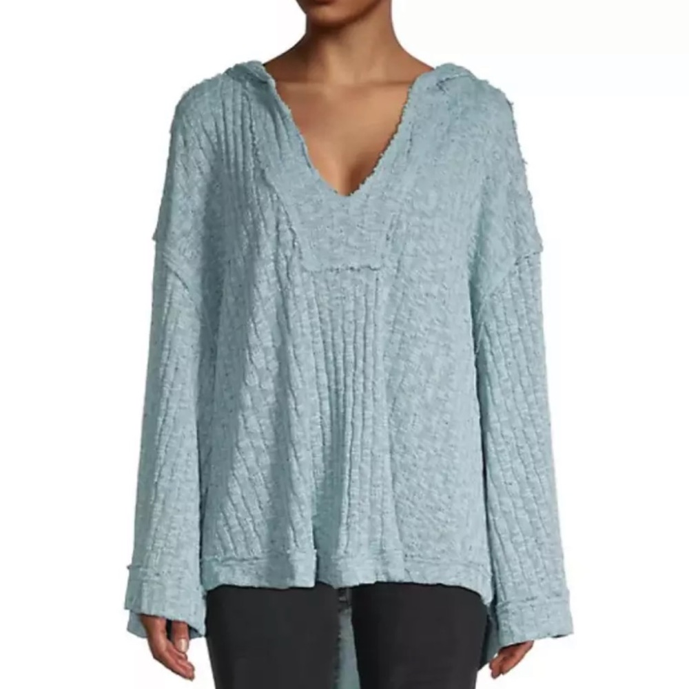 Free People Baja Babe Knit Hooded Pullover Blue Top NWT